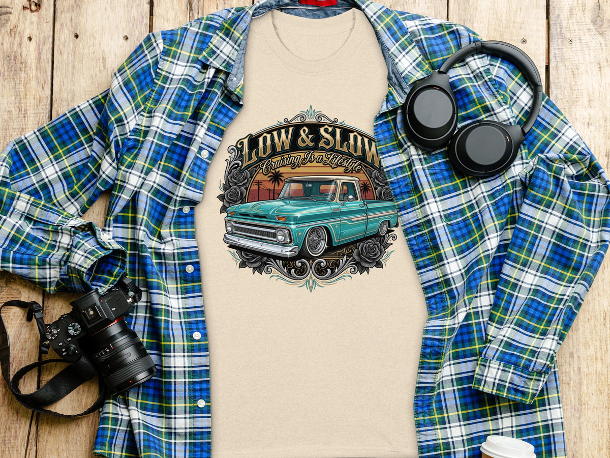 Tan t-shirt with "Low & Slow Cruising Is A Lifestyle" and vintage truck graphic.