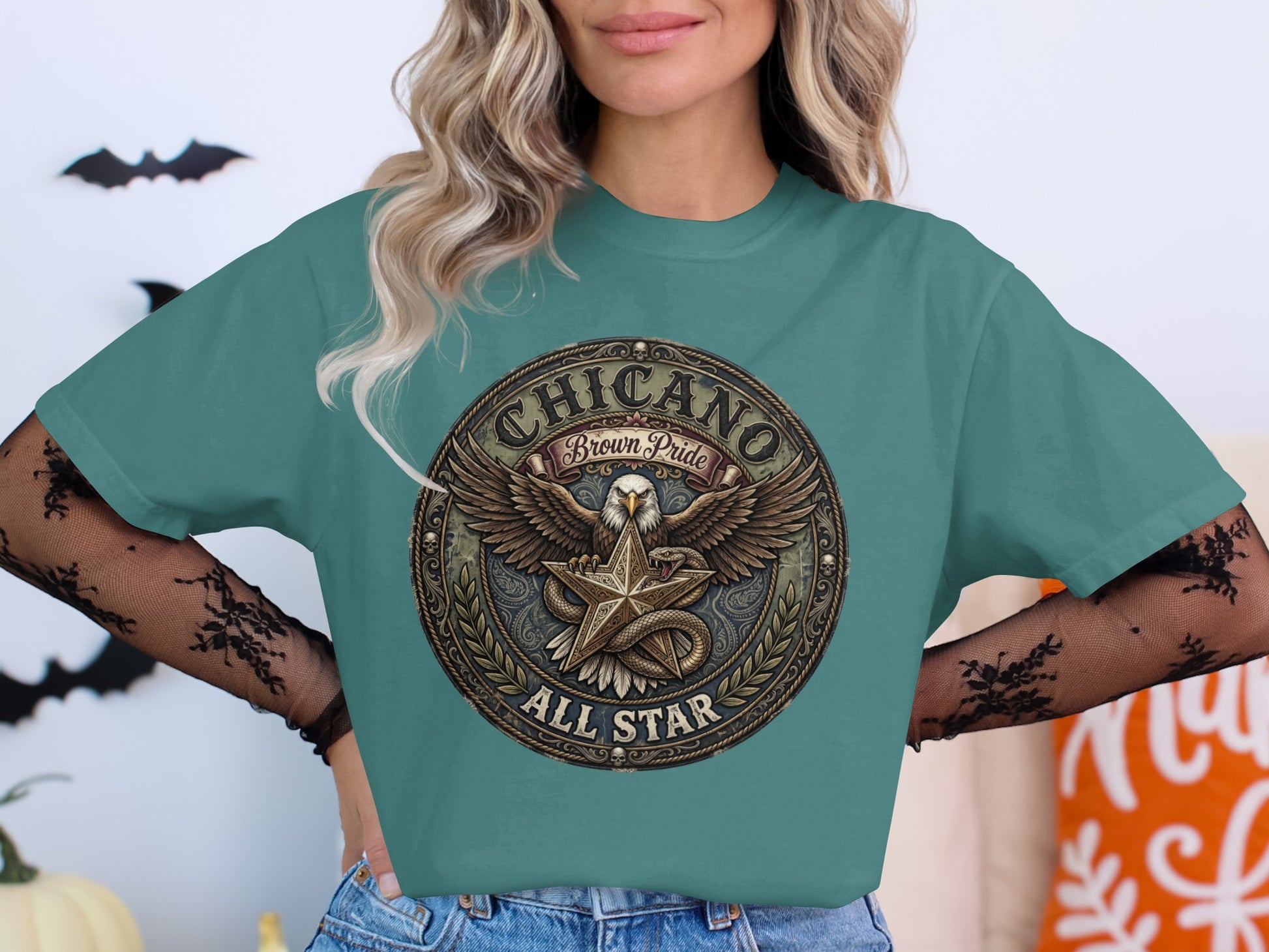 T-shirt with "Chicano Brown Pride All Star" text and eagle logo.