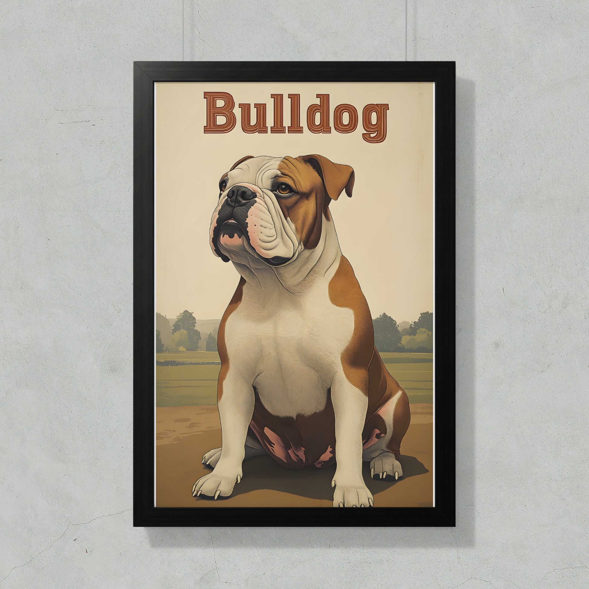 Bulldog sitting, with "Bulldog" text above, against a neutral background.