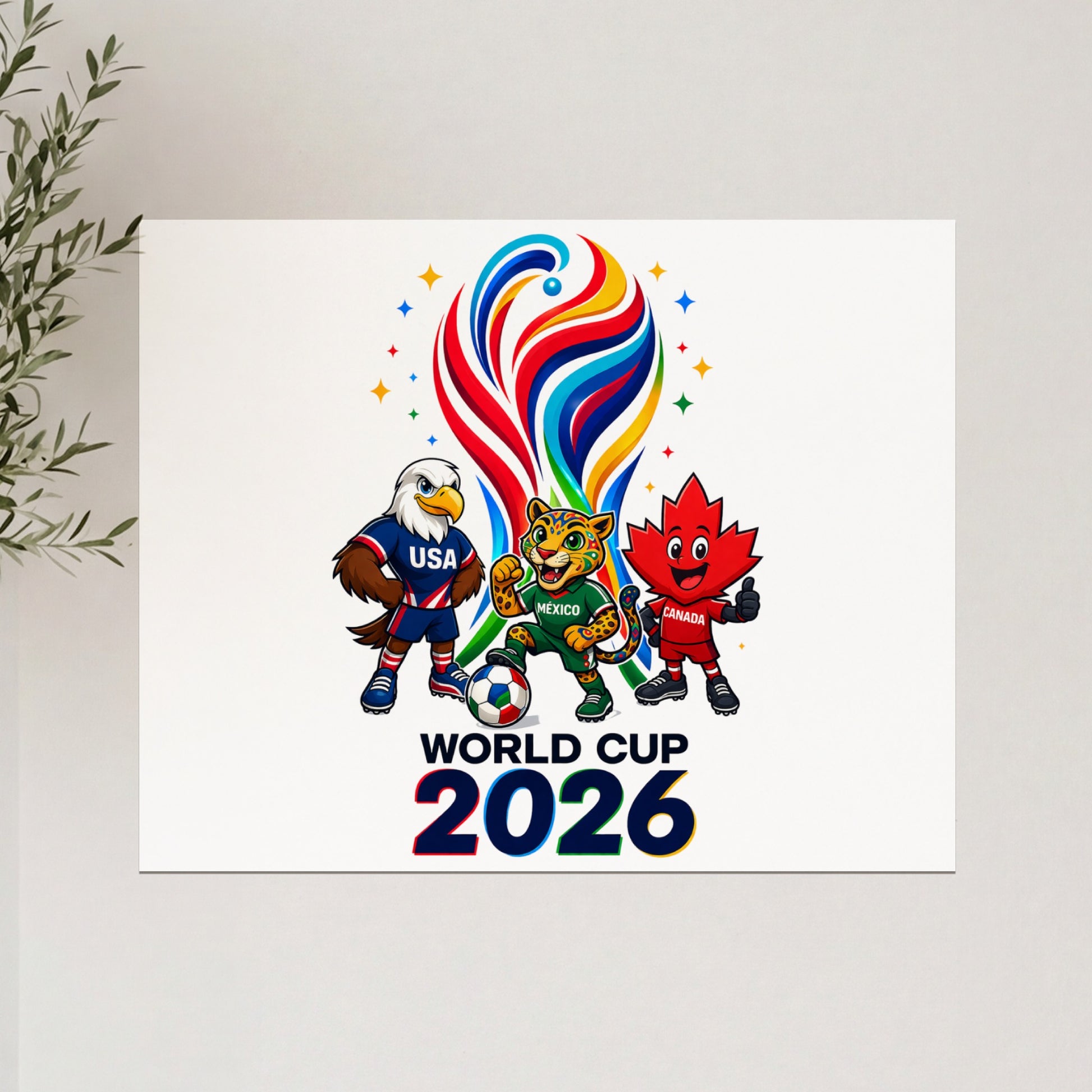 2026 World Cup mascots for USA, Mexico, and Canada in colorful uniforms.