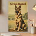 German Shepherd dog sitting in a grassy field, with trees and hills in the background.