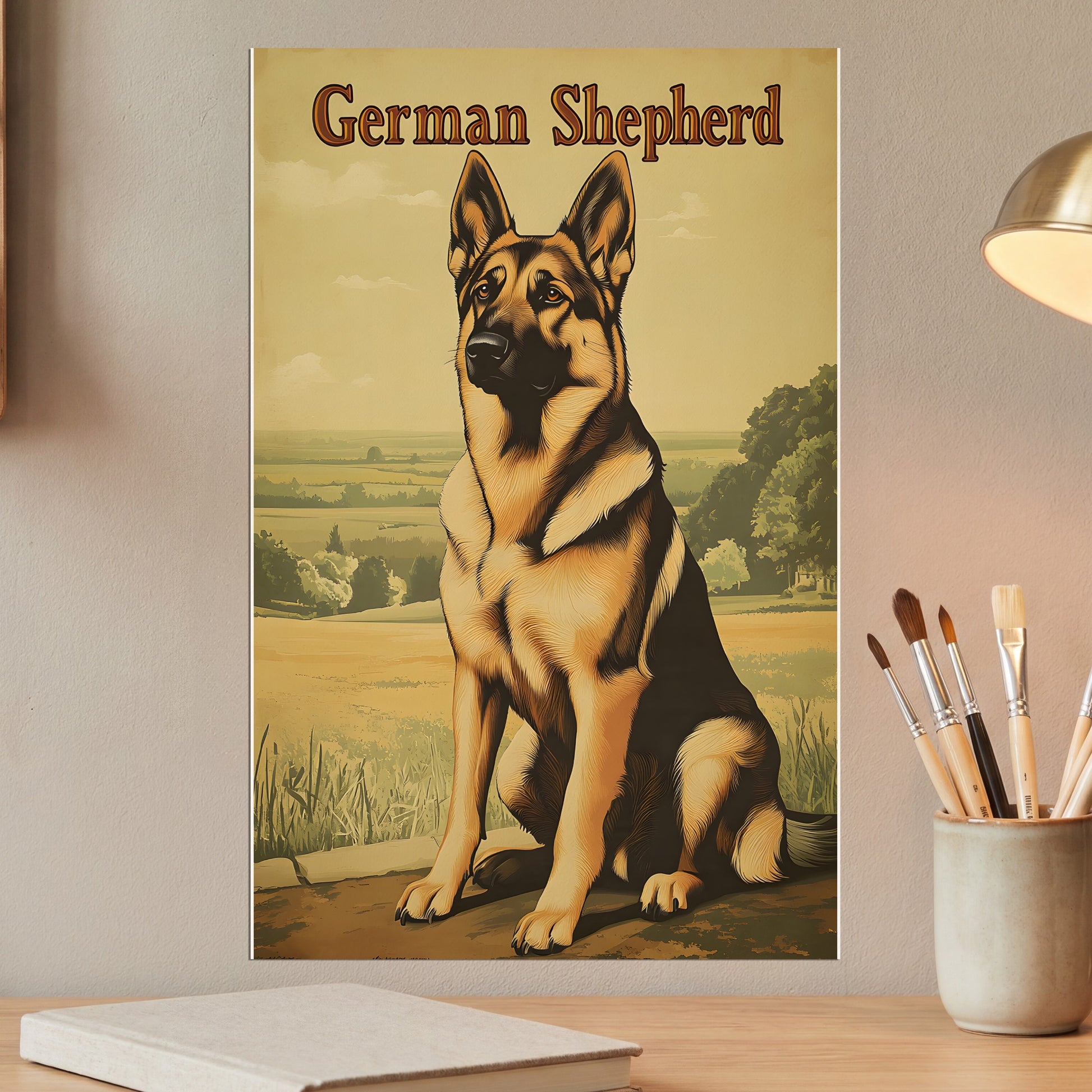 German Shepherd dog sitting in a grassy field, with trees and hills in the background.