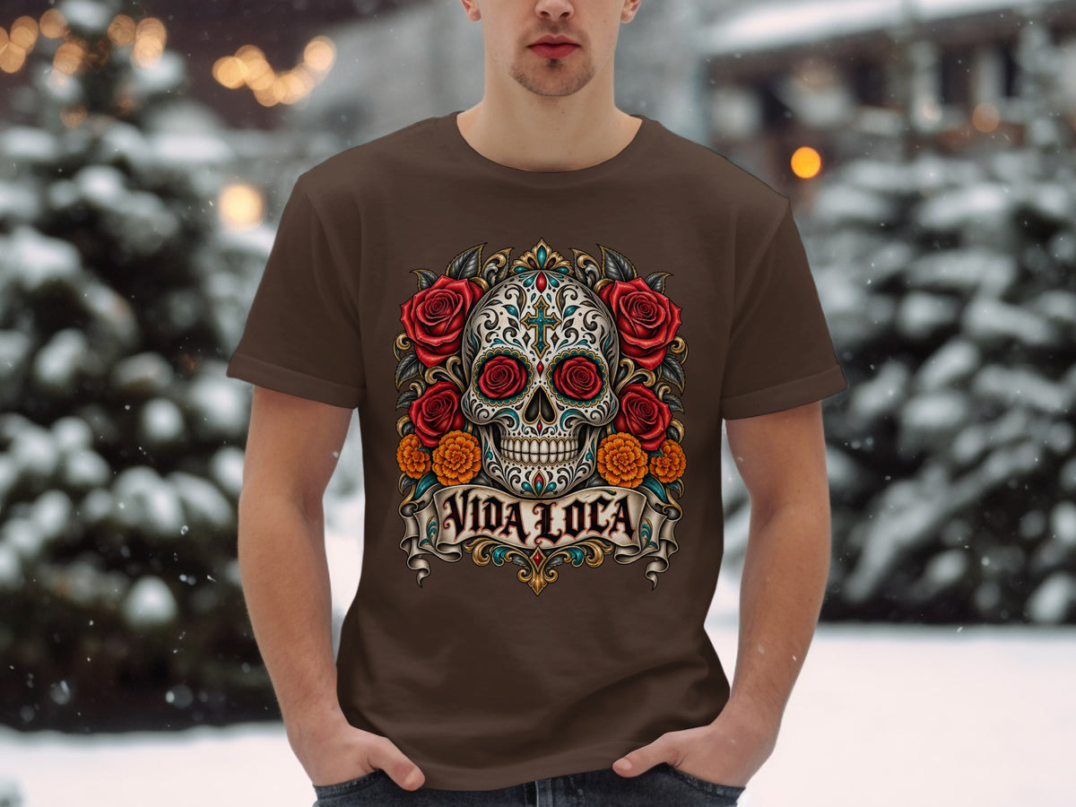 Brown t-shirt with "Vida Loca" text and a sugar skull surrounded by roses.