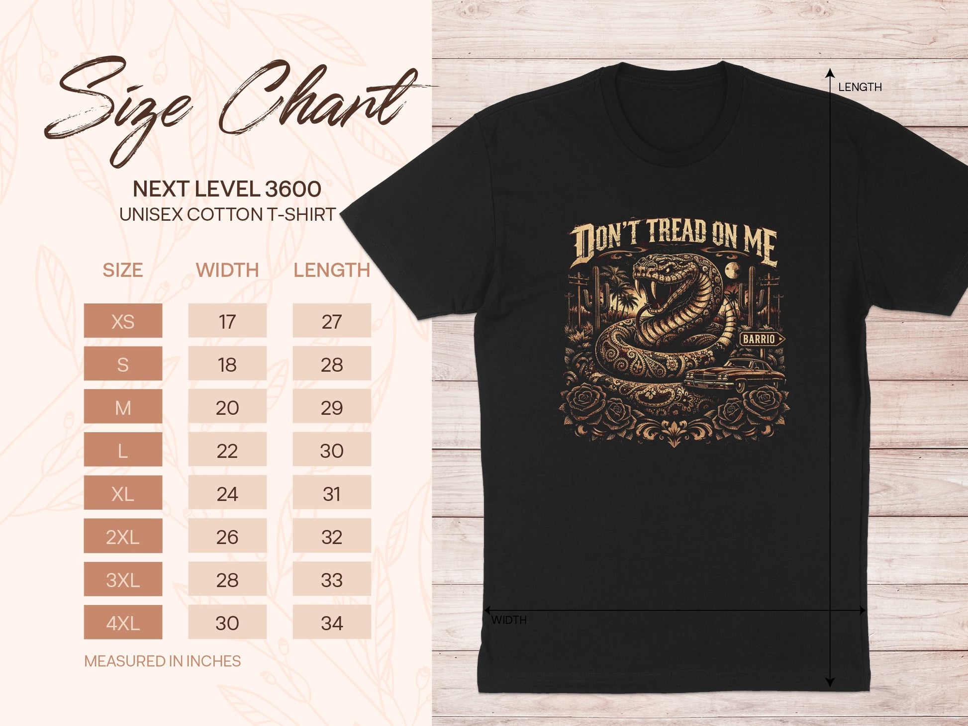 Size chart for NEXT LEVEL 3600 t-shirt with "Don't Tread on Me" graphic.