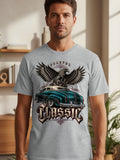 Gray t-shirt graphic featuring an eagle over a classic teal car with 