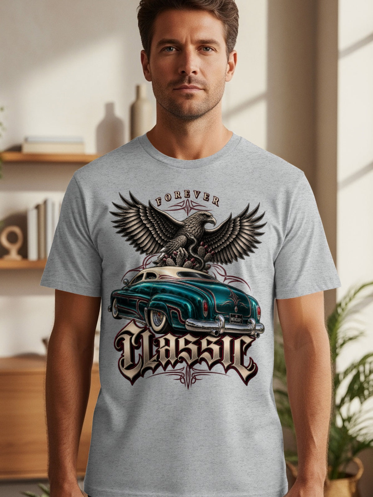 Gray t-shirt graphic featuring an eagle over a classic teal car with "Forever Classic" text.