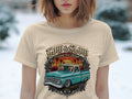 T-shirt graphic: teal vintage Chevrolet truck, palm trees, sunset, text 