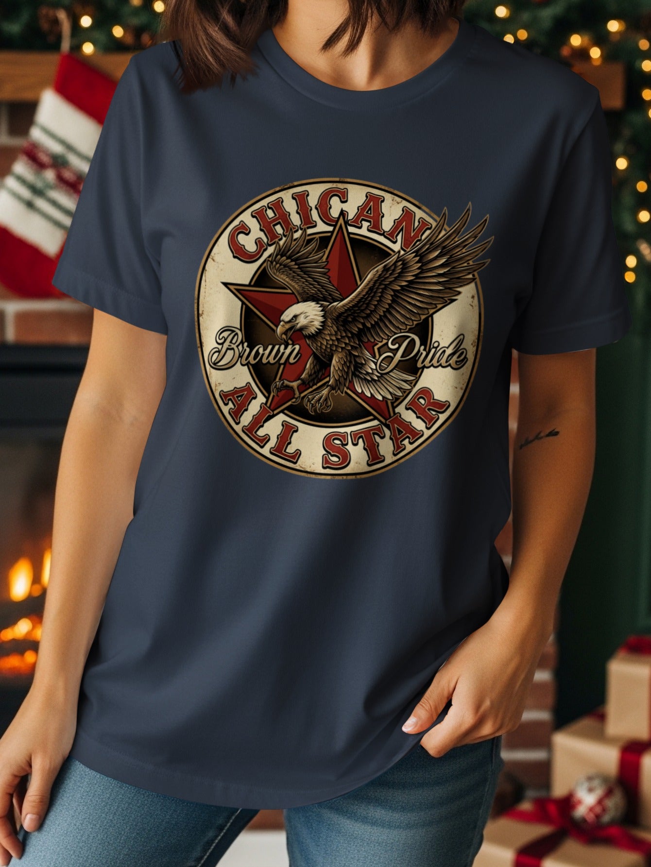 Navy t-shirt with "Chicano Brown Pride All Star" text and eagle graphic.