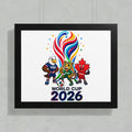 World Cup 2026 mascot mascots USA, Mexico, and Canada in framed artwork.