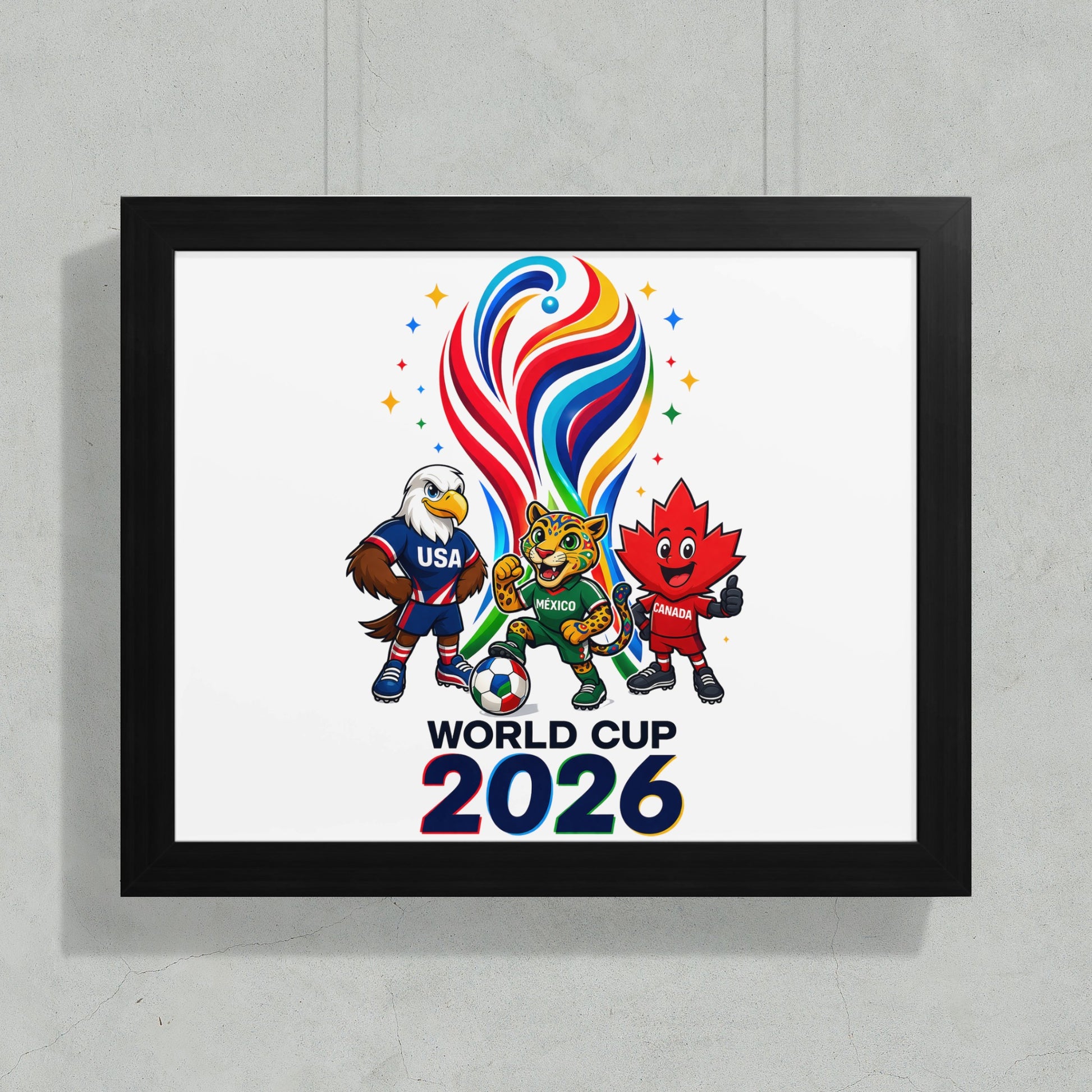 World Cup 2026 mascot mascots USA, Mexico, and Canada in framed artwork.