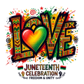 Juneteenth Freedom and Unity text with heart, red, yellow, and green Kente pattern.