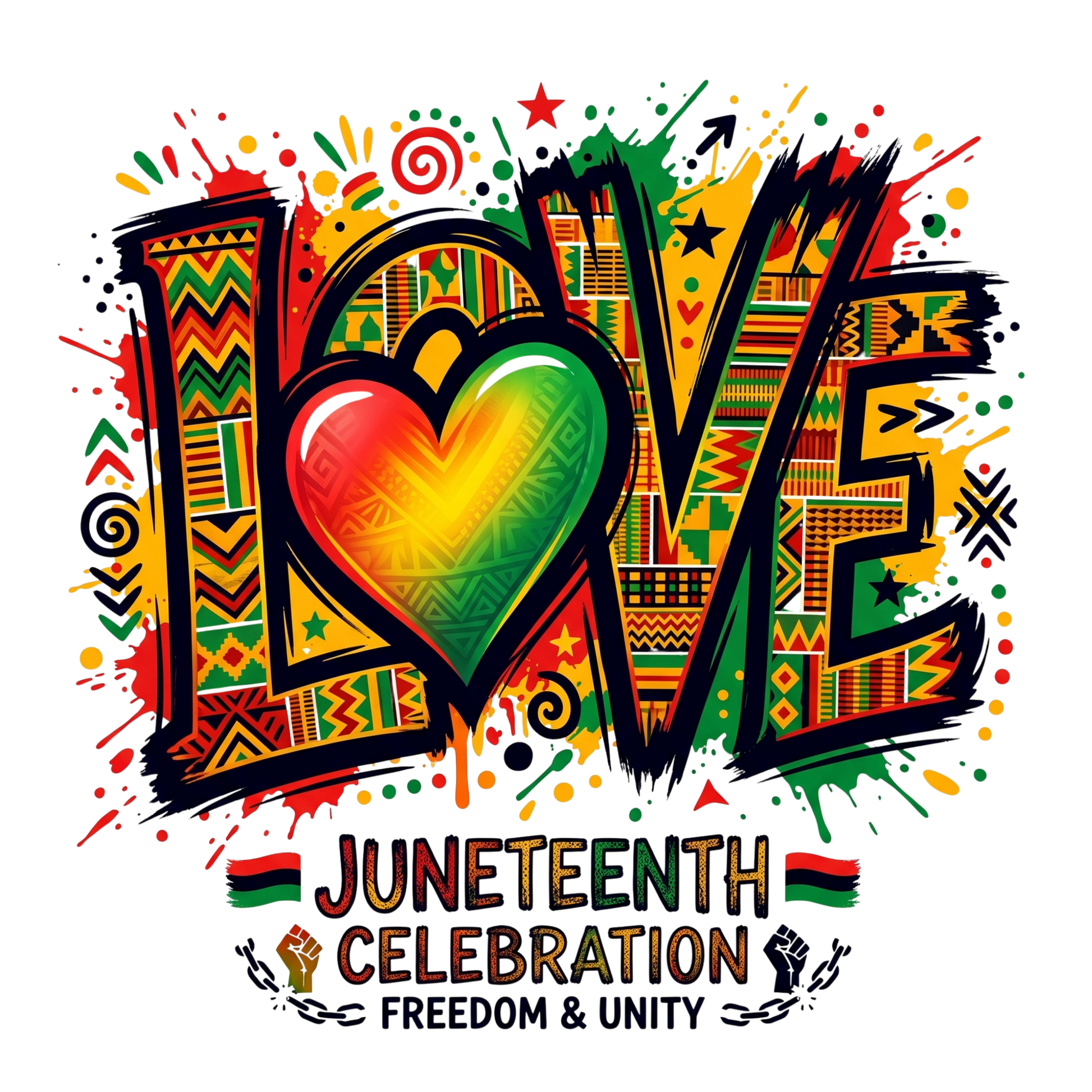 Juneteenth Freedom and Unity text with heart, red, yellow, and green Kente pattern.