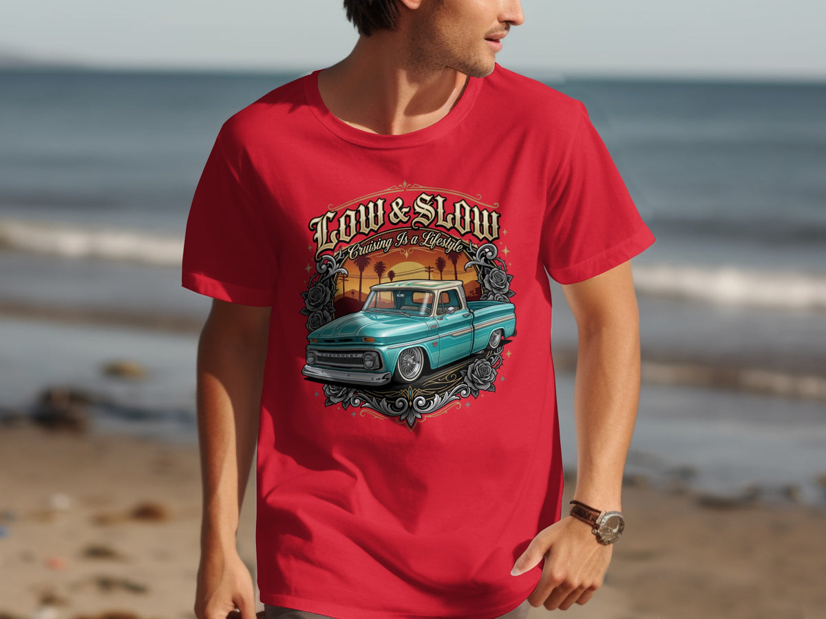 Red t-shirt with a graphic of a teal classic Chevrolet truck and the text "Low & Slow Cruising Is A Lifestyle".