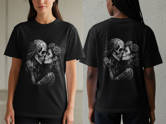 Black t-shirt with skull couple kissing and roses graphic on front and back.