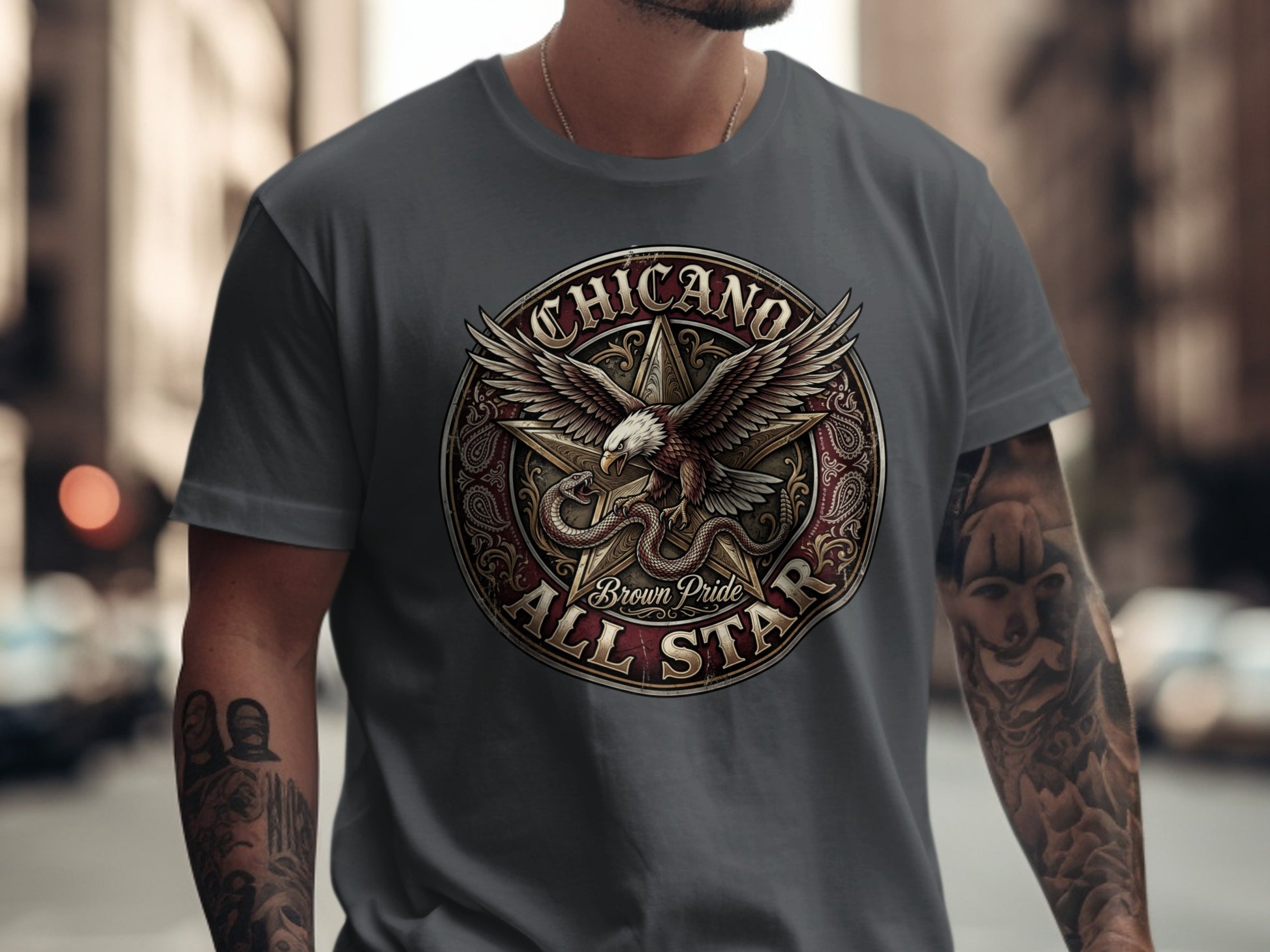 Chicano All Star brown pride eagle and snake circular logo on dark t-shirt.