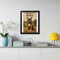 Framed poster of a French bulldog sitting in a landscape.