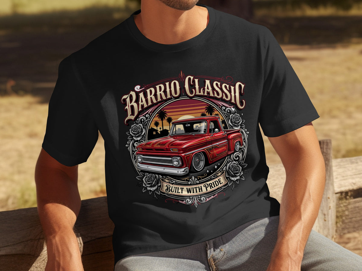 Black t-shirt with "Barrio Classic Built With Pride" and red truck graphic.