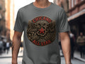 Grey t-shirt with Chicano All Star brown and red circular logo design.