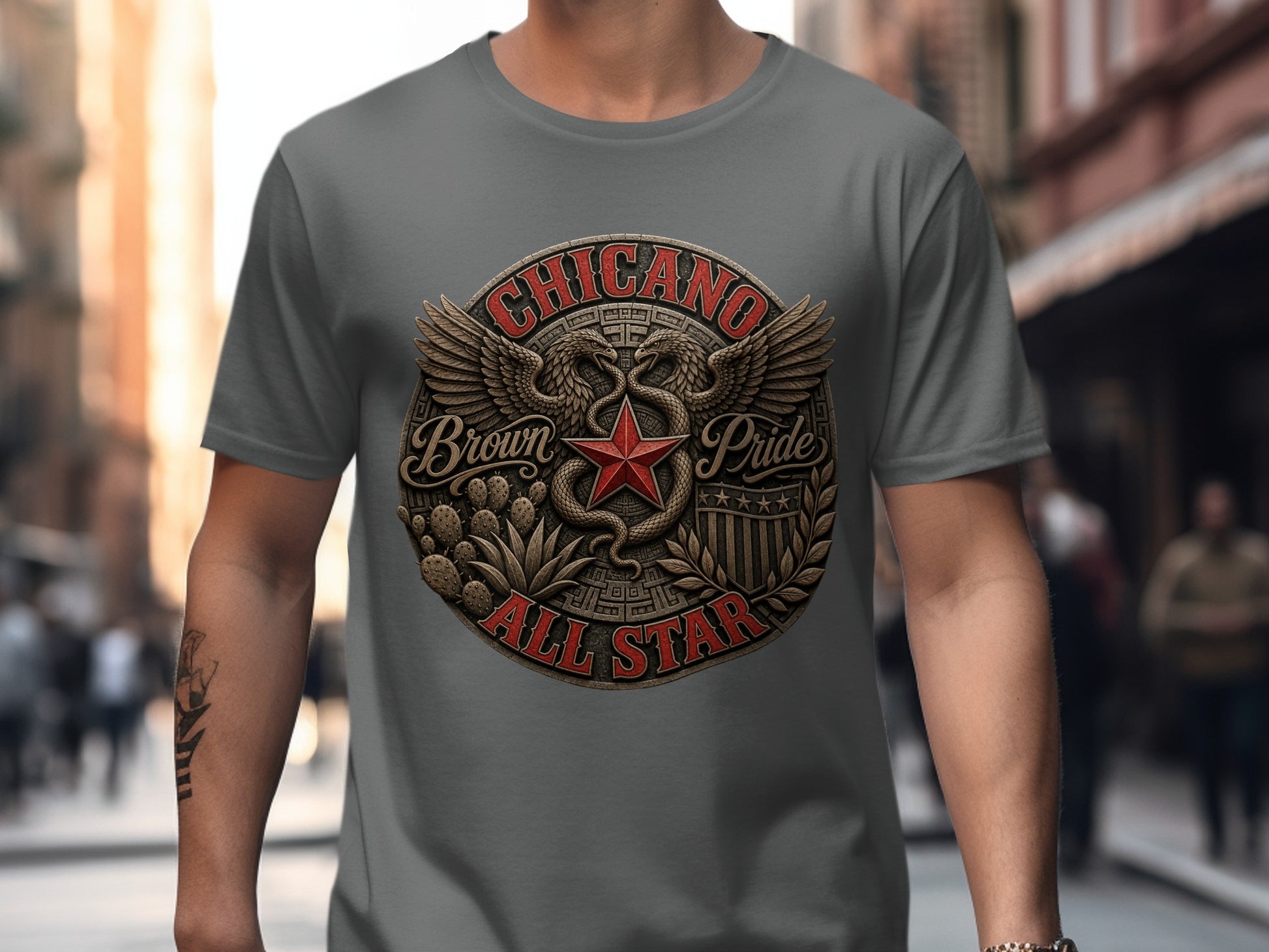 Grey t-shirt with Chicano All Star brown and red circular logo design.