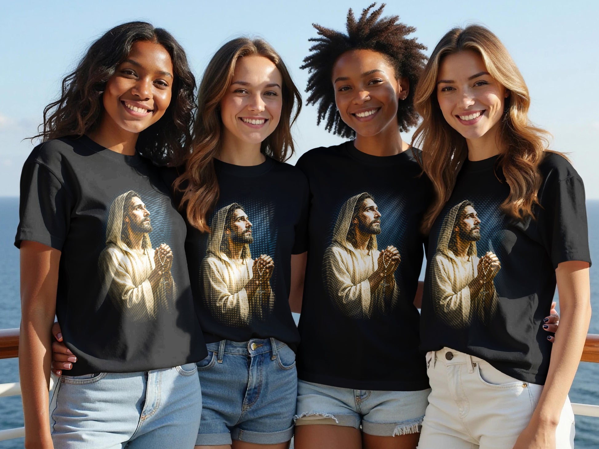 Four young women wear matching t-shirts featuring Jesus with hands clasped.