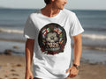 T-shirt with 2026 World Cup logo featuring soccer ball, flags, and roses.