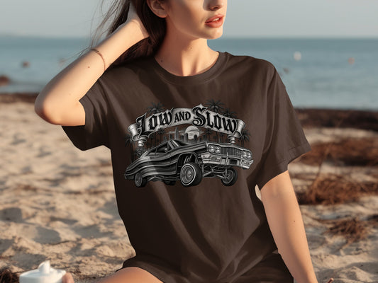 Brown t-shirt with "Low and Slow" text over a lowrider and palm trees.