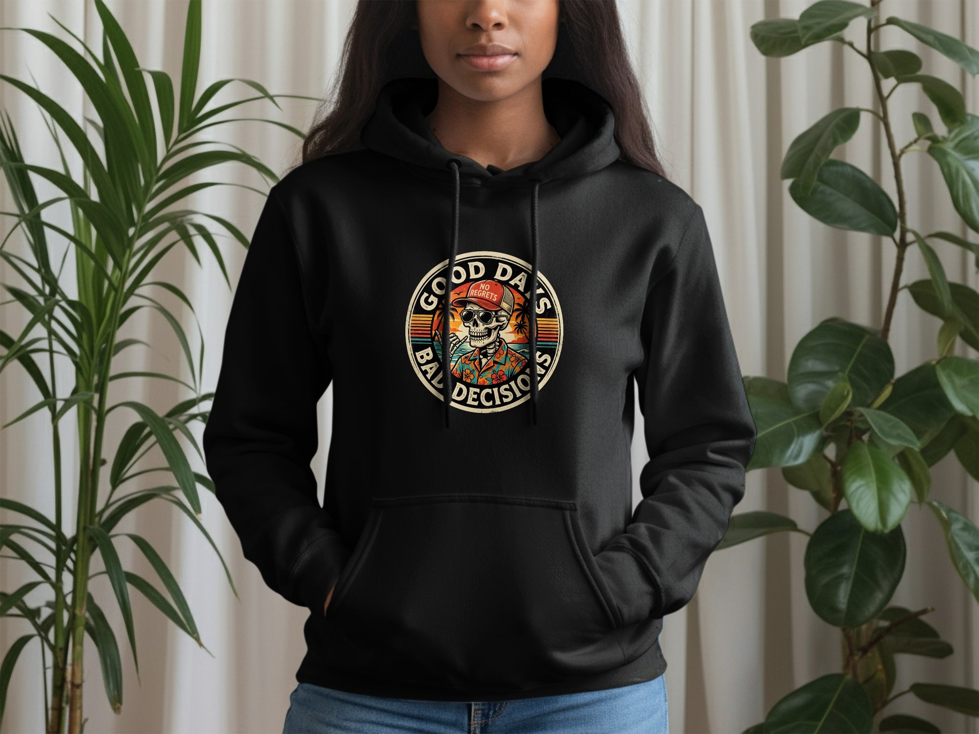 Black hoodie with circular graphic of a skeleton wearing sunglasses and a hat.