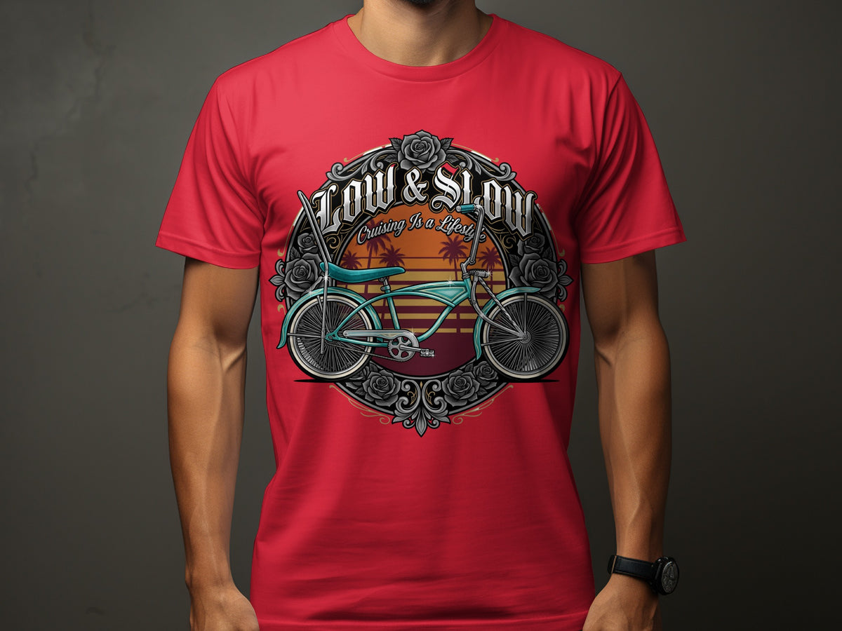 Red t-shirt with "Low & Slow Cruising Is A Lifestyle" text and vintage bicycle graphic.