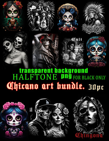 chicano art  -png  halftone for black only digital file- dtf. instant downloads-4k image-bundle 30