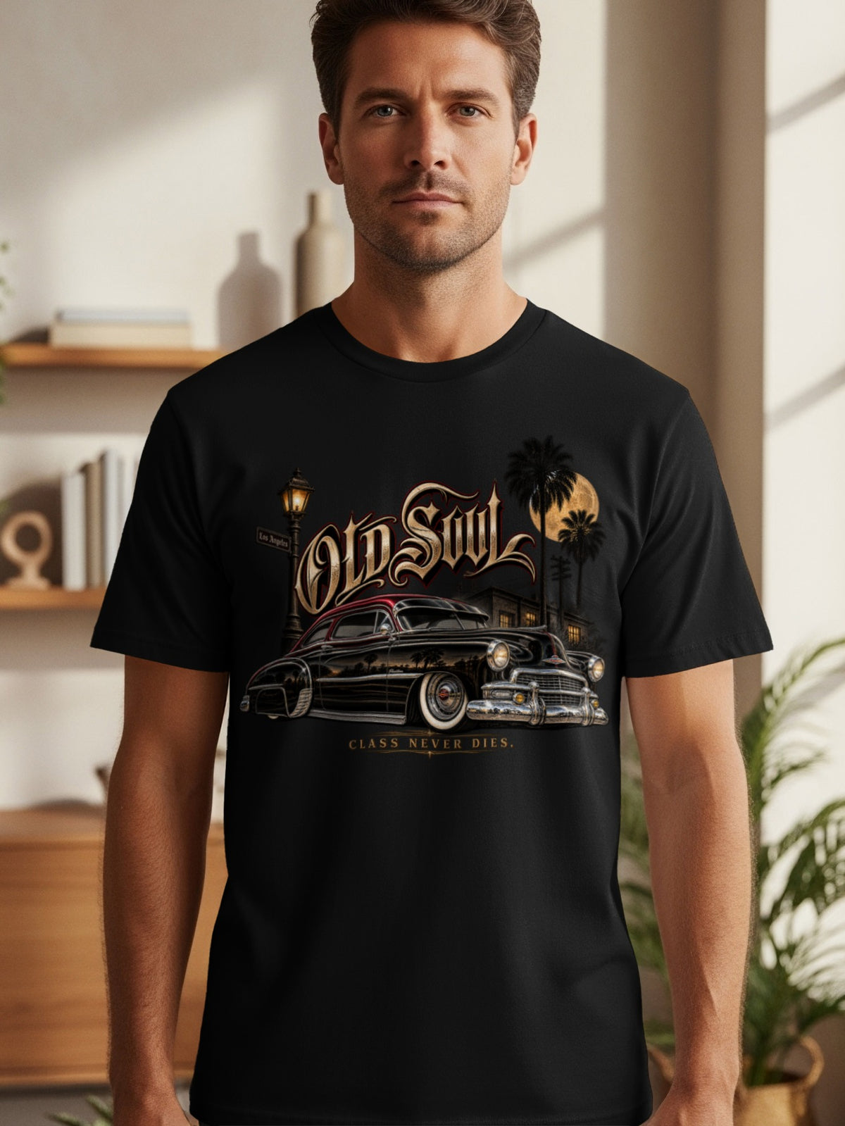 Black t-shirt with "Old Soul" text and a classic car.