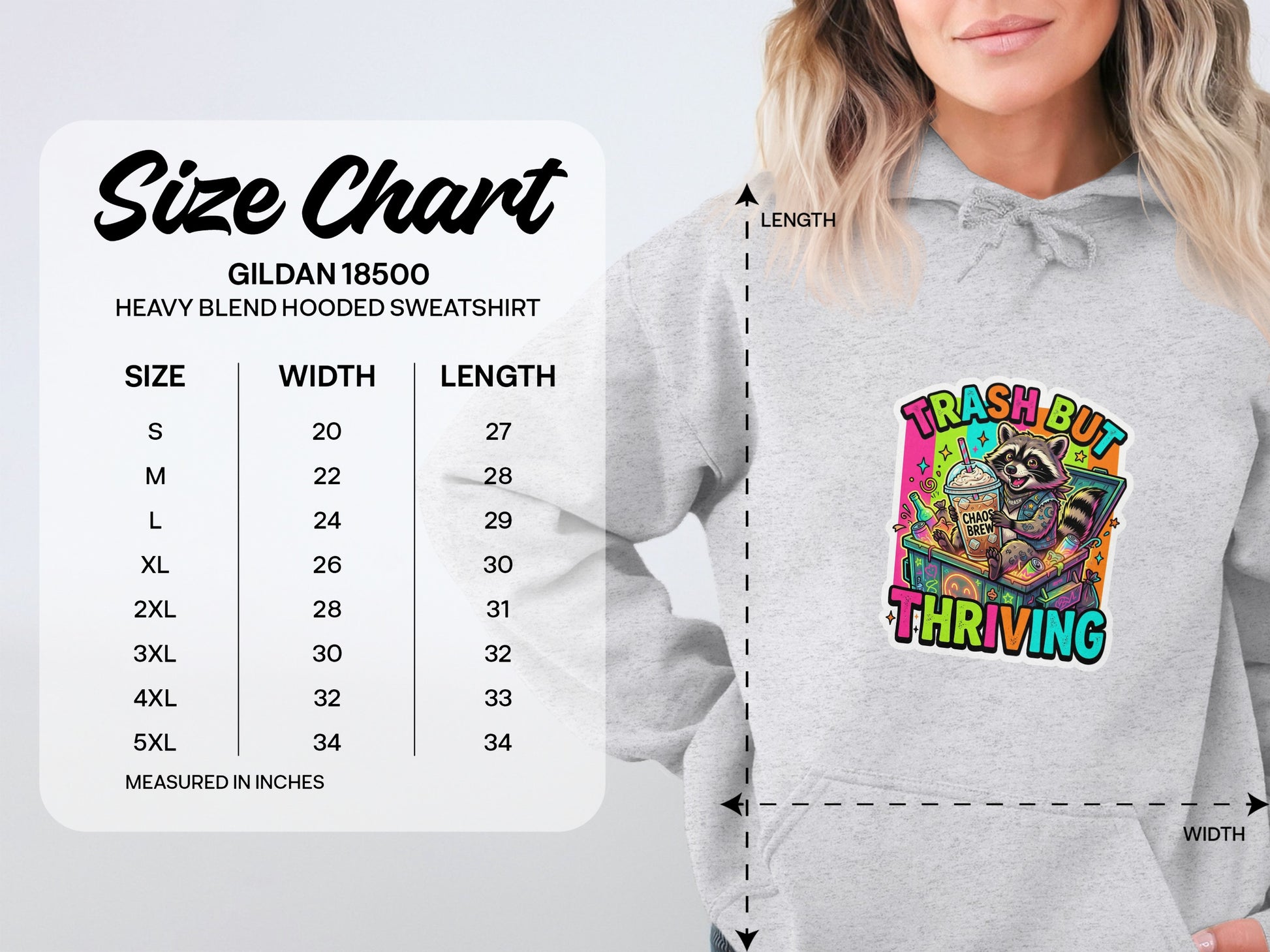 Gildan 18500 hooded sweatshirt size chart with measurements in inches.