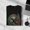 Black t-shirt featuring a colorful Aztec-inspired eagle and sun stone emblem.