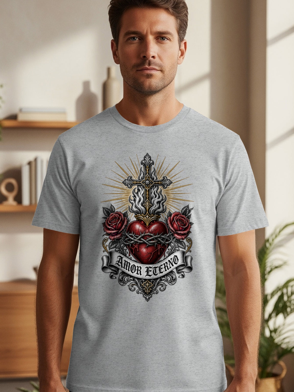 Grey t-shirt with a graphic of a Sacred Heart, cross, roses, and "AMOR ETERNO" text.