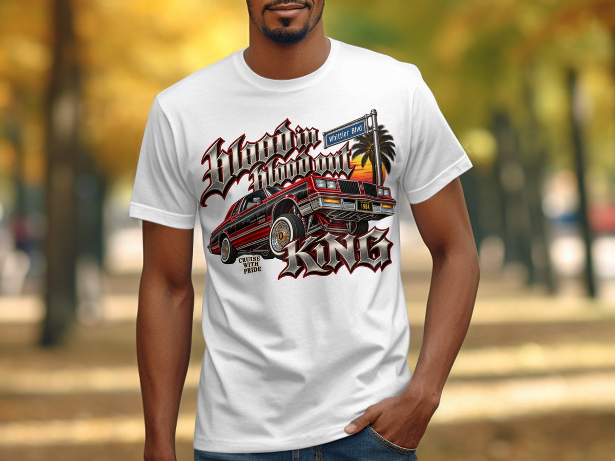 White t-shirt with "Hoodin' Bloout King" graphic and red lowrider car.