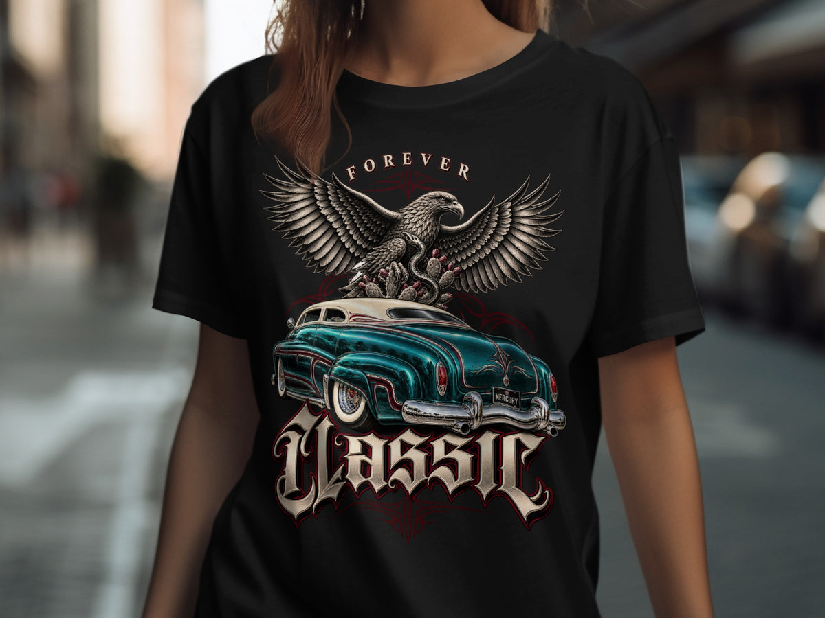 Black t-shirt with "FOREVER CLASSIC" text, eagle, snake, and a classic teal car.