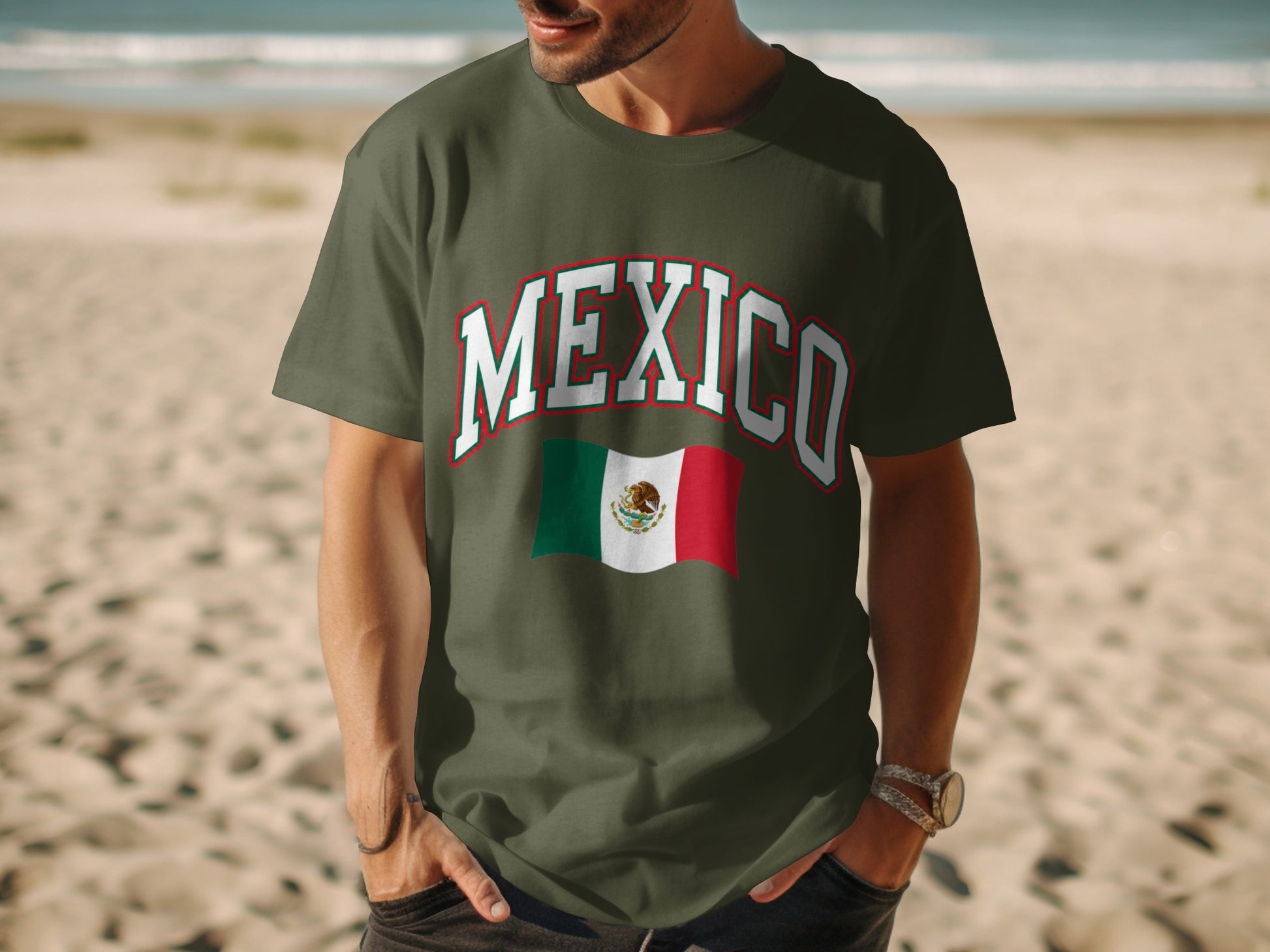 Green t-shirt with "MEXICO" in collegiate lettering and a Mexican flag.