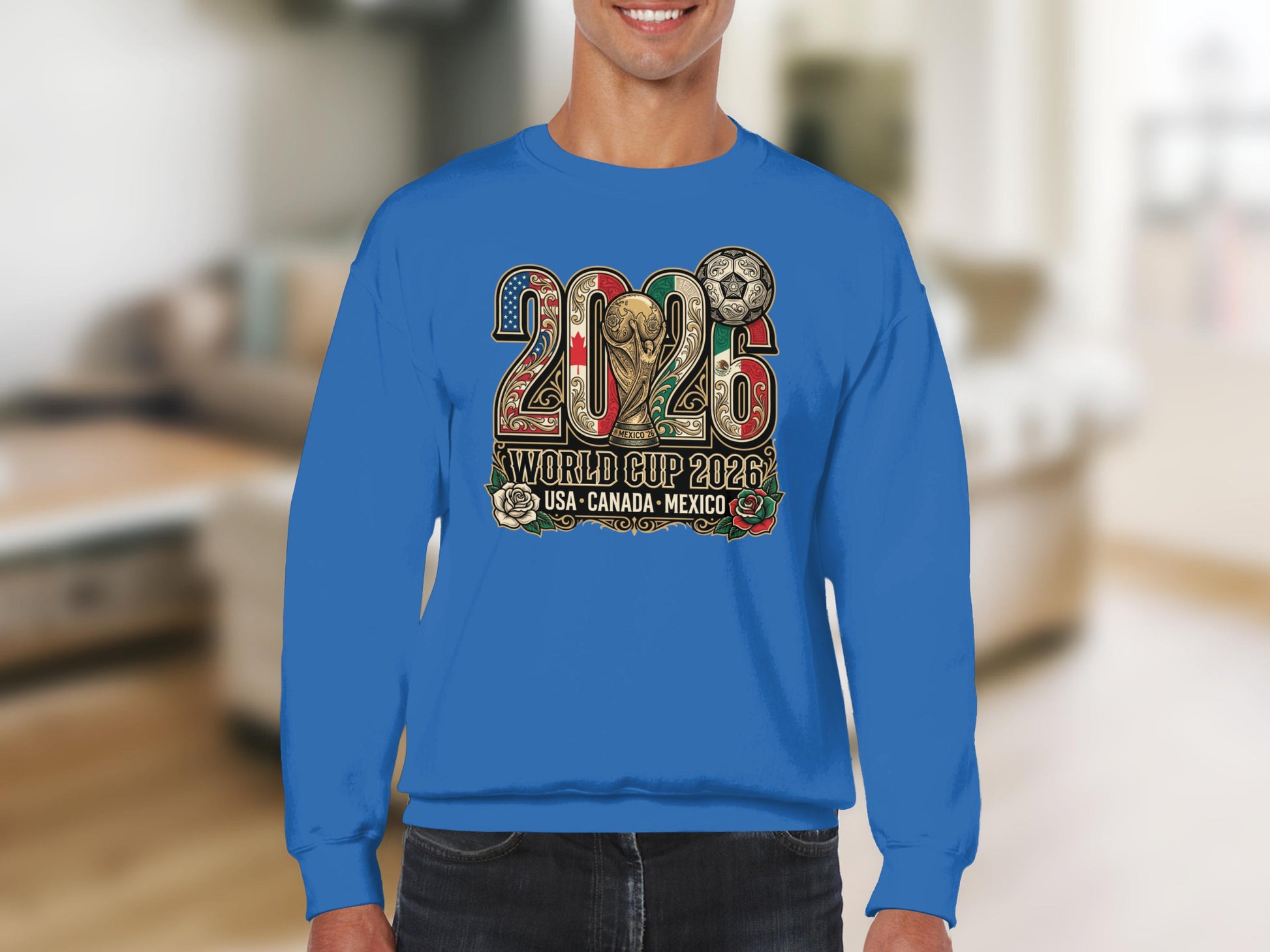 2026 World Cup USA Canada Mexico graphic on blue sweatshirt.
