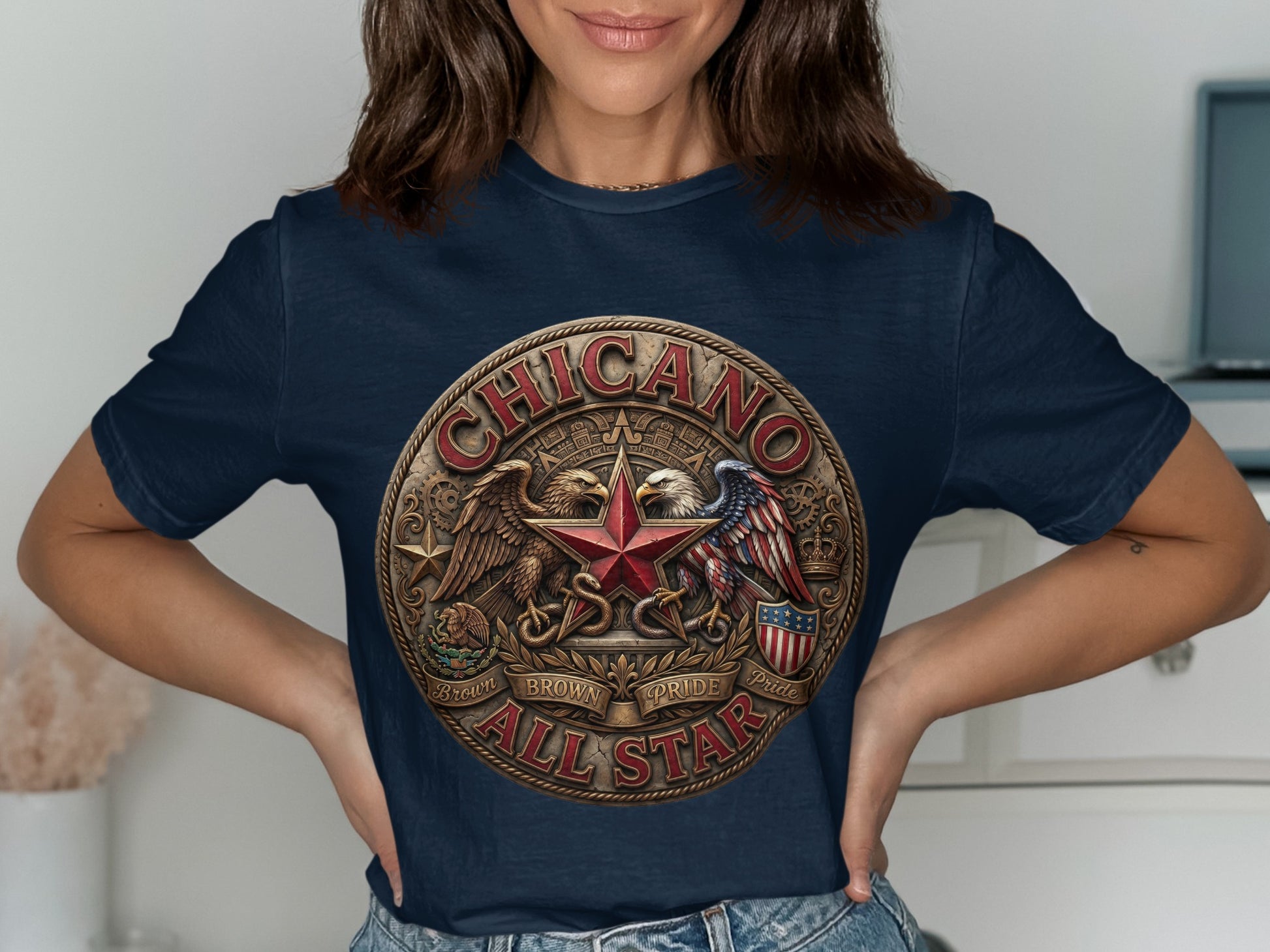 Navy t-shirt with circular Chicano All Star emblem featuring stars and eagle.