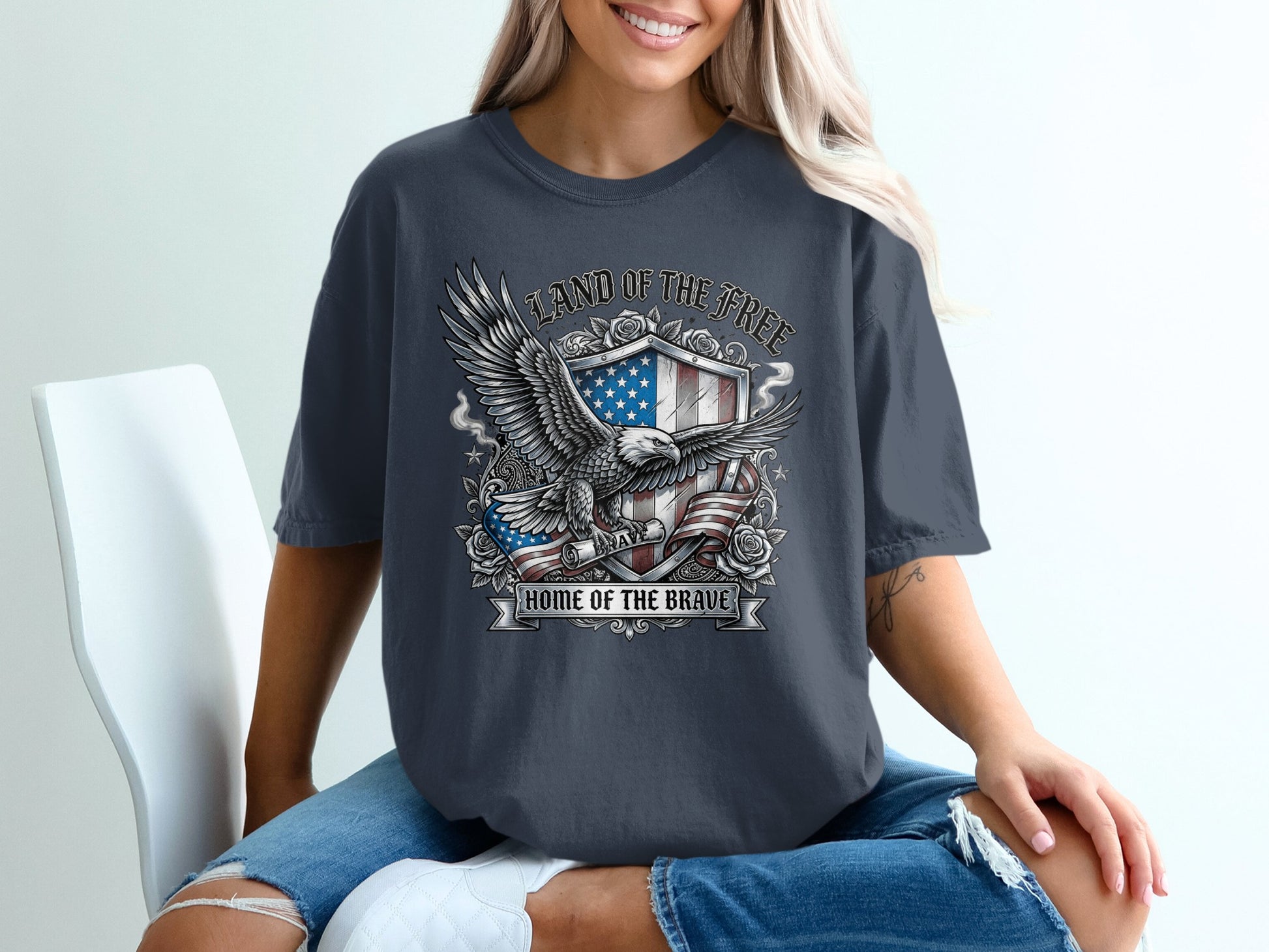 Eagle and American flag with "Land of the Free" text on a dark grey t-shirt.