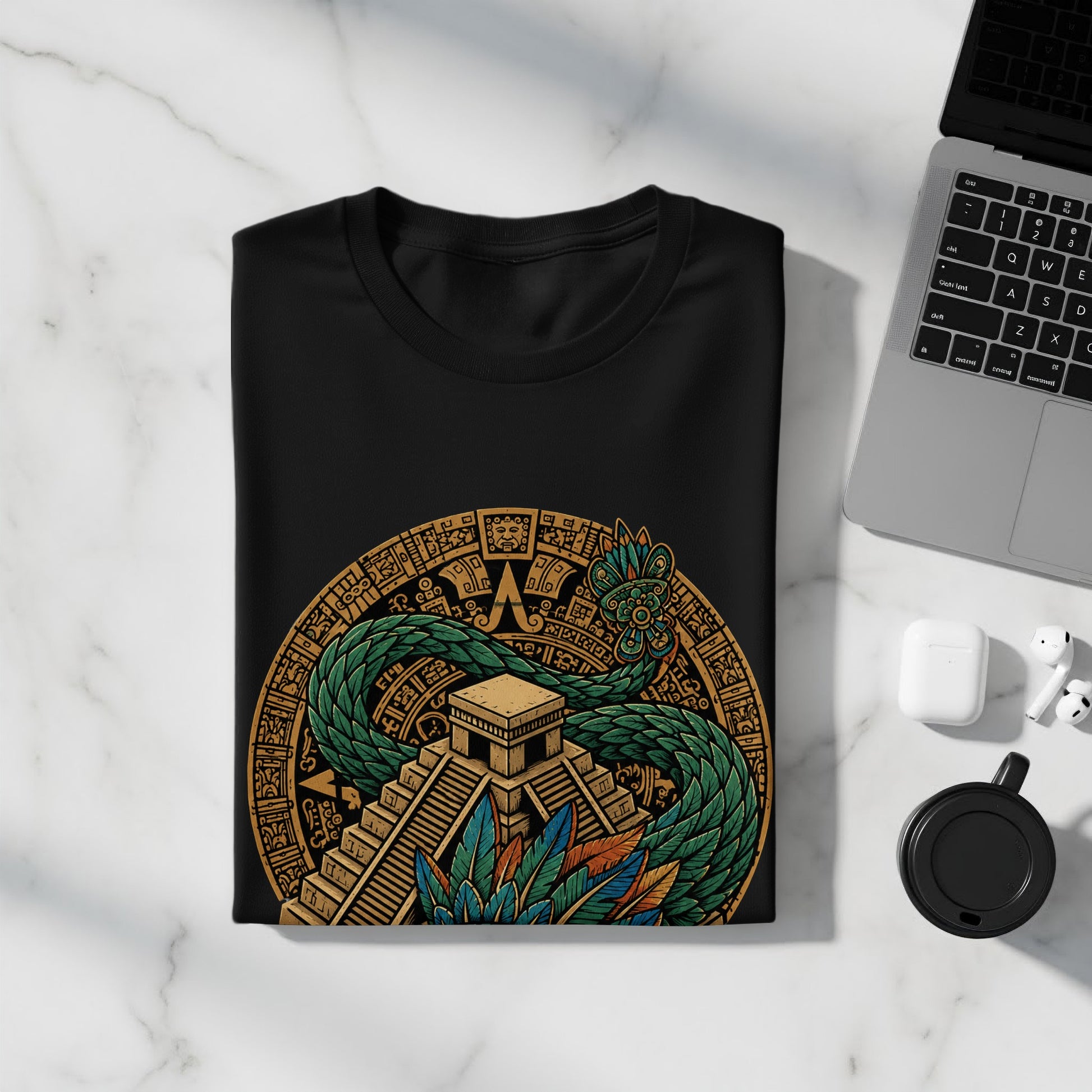 Black t-shirt with a circular Aztec feathered serpent design.