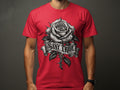 Red t-shirt with a grayscale rose, banner with 