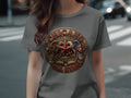 Embroidered Chicano Pride All Star emblem with eagle and stars on gray t-shirt.