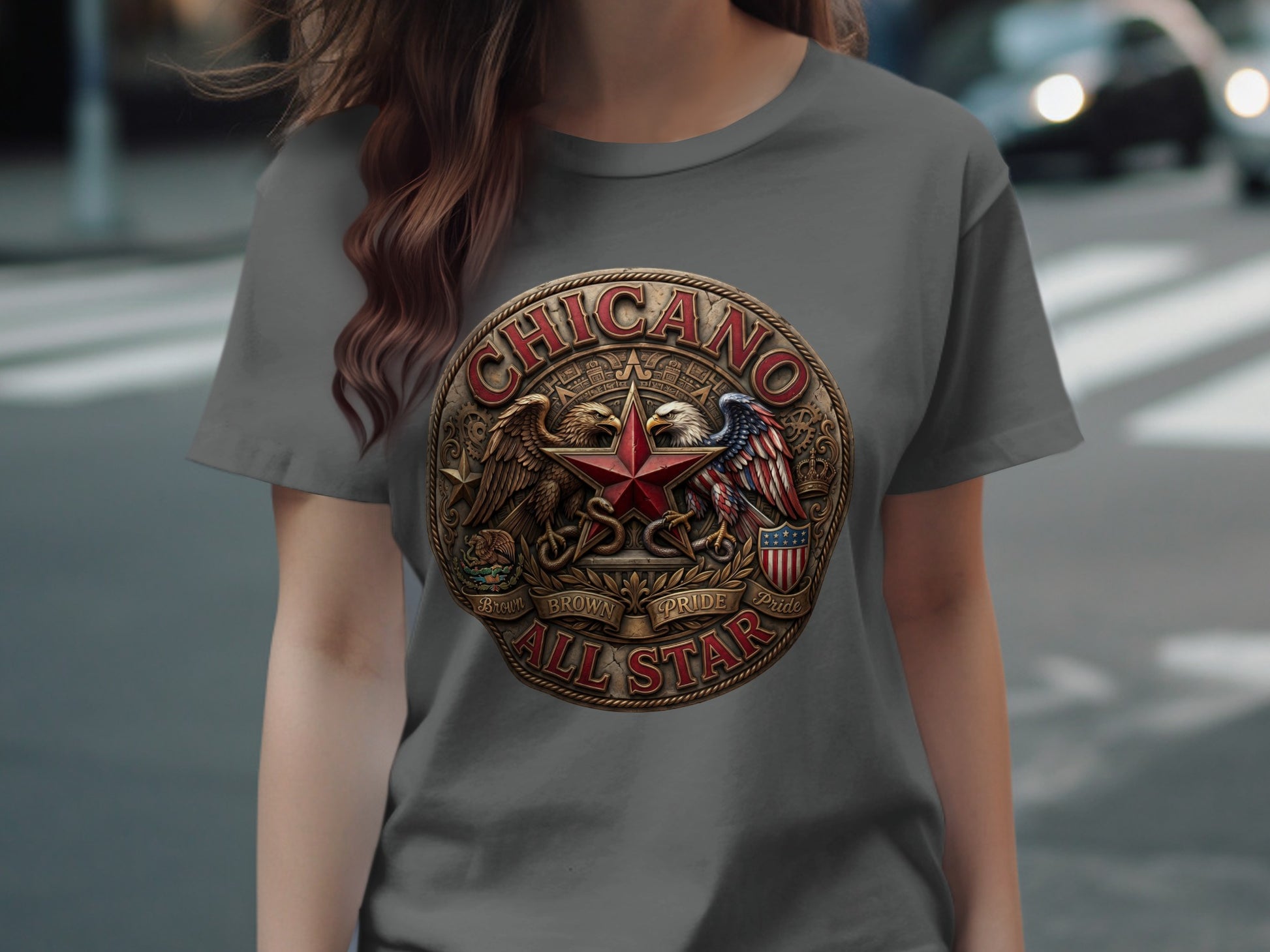 Embroidered Chicano Pride All Star emblem with eagle and stars on gray t-shirt.
