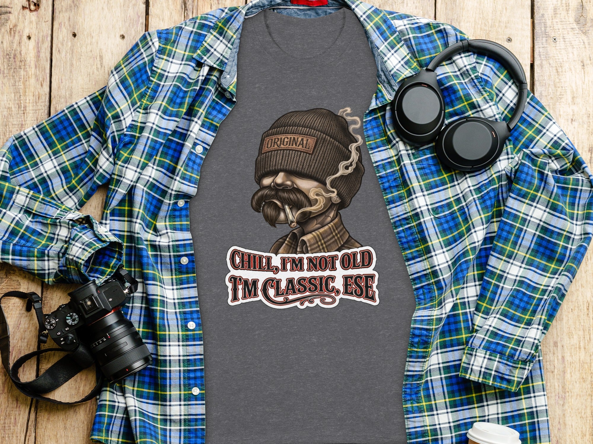 Dark grey t-shirt with "Original" beanie and "Chill, I'm not old I'm classic, ESE" text.