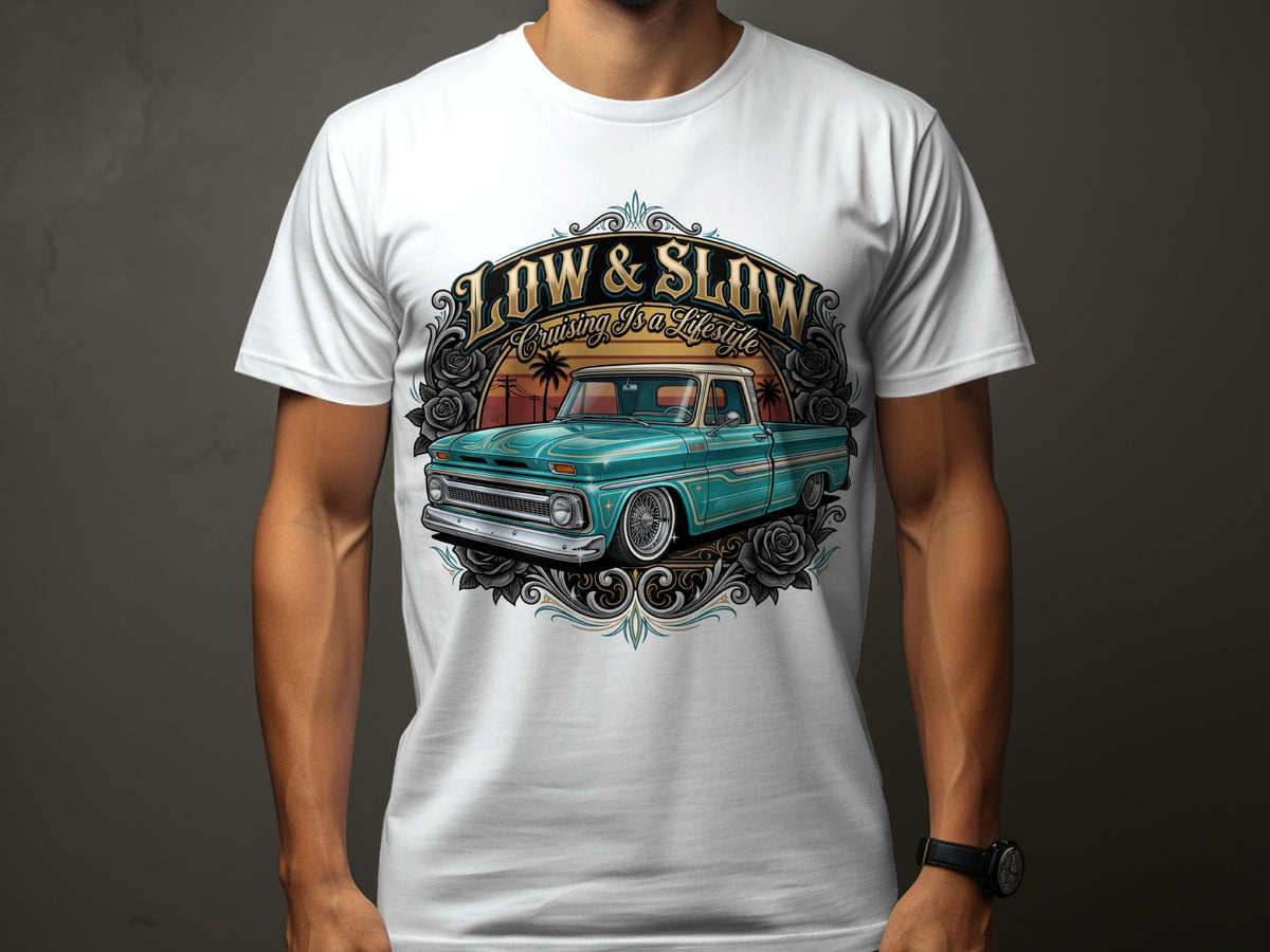 Turquoise lowrider truck with "Low & Slow Cruising Is a Lifestyle" text.