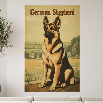 German Shepherd dog sitting in a field, looking to the left.