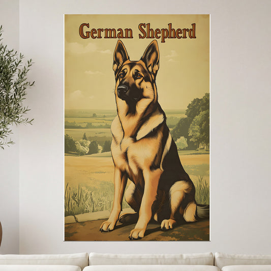 German Shepherd dog sitting in a field, looking to the left.