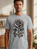 Grey t-shirt with a black and white rose and banner that reads 