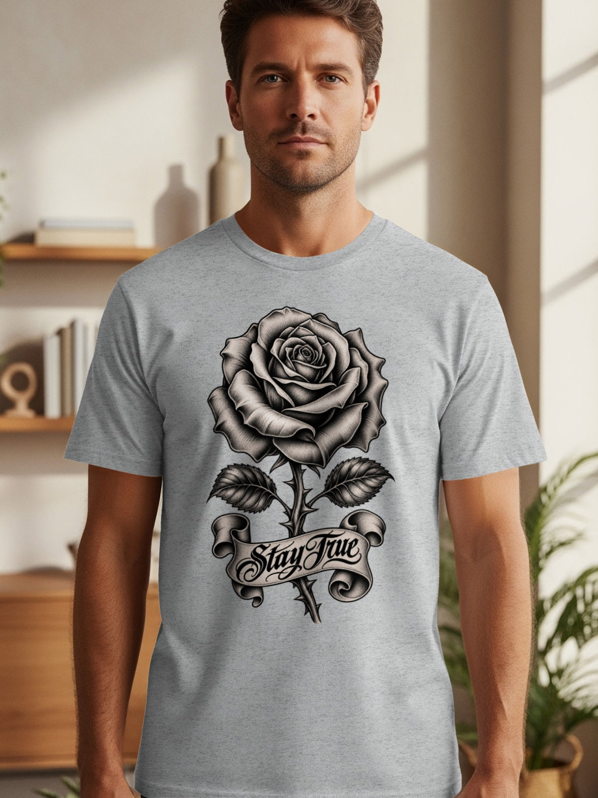 Grey t-shirt with a black and white rose and banner that reads "Stay True".