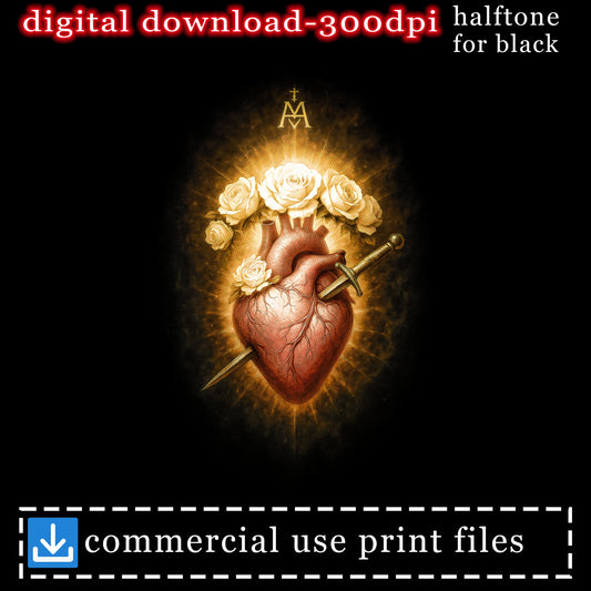 Sacred Heart with sword and roses, digital download halftone for black.